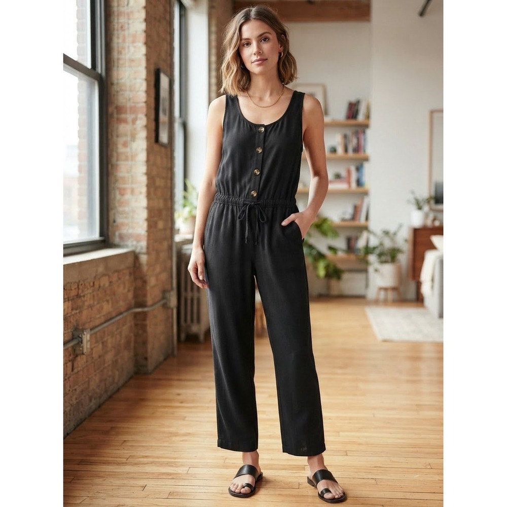 Splendid Black Linen Blend Button Front Drawstring Waist Jumpsuit S Women's